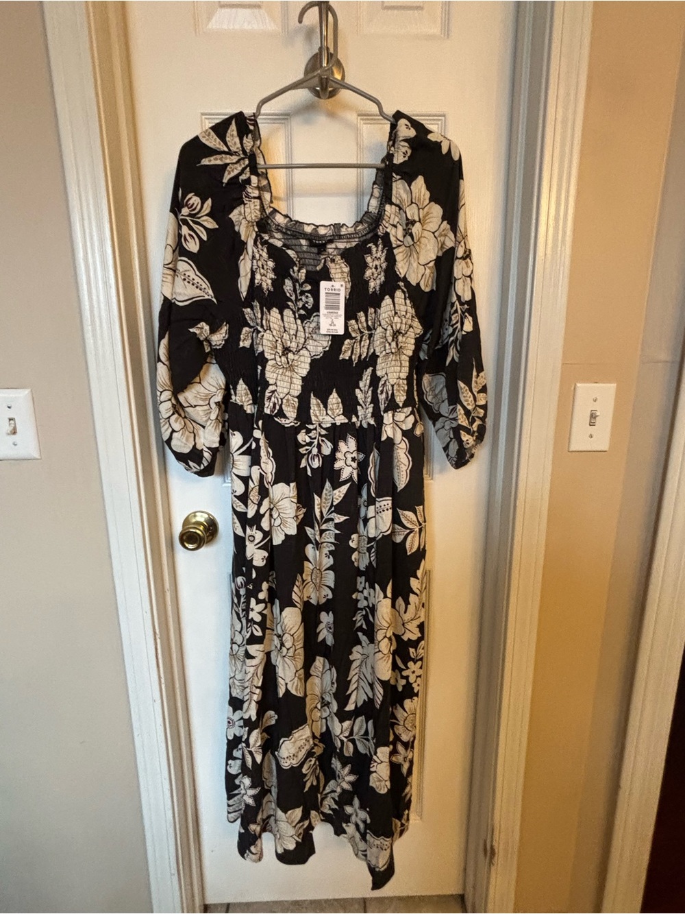 Smocked Black Midi Dress with White Floral Print - Women's